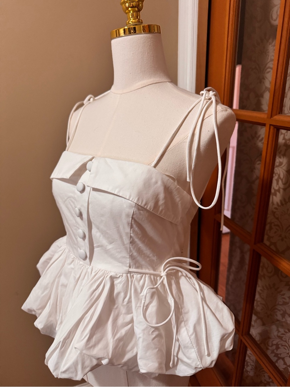 Noble White Smocked Bodice Tie-Strap Peplum Top (BRAND NEW) - Picture 2 of 4